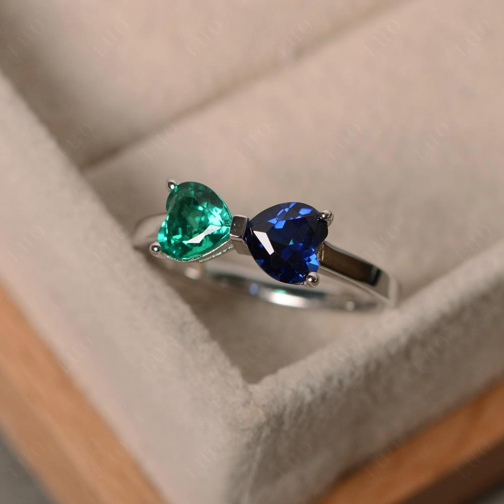 Heart Shaped Lab Emerald and Sapphire Mothers Ring - LUO Jewelry