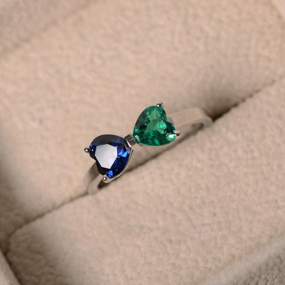 Heart Shaped Lab Emerald and Sapphire Mothers Ring - LUO Jewelry