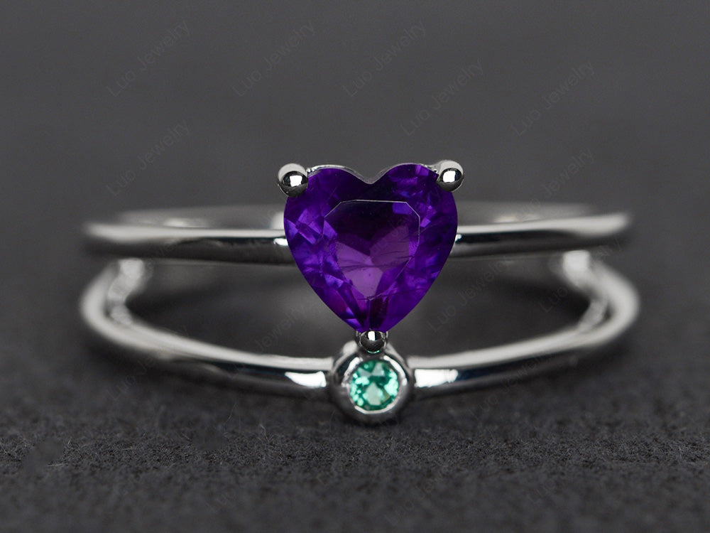 Heart Shaped Amethyst Split Shank Ring Silver - LUO Jewelry