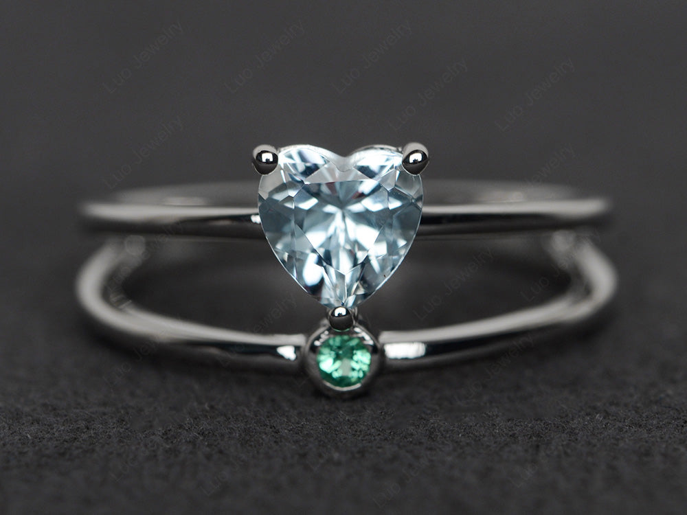 Heart Shaped Aquamarine Split Shank Ring Silver - LUO Jewelry