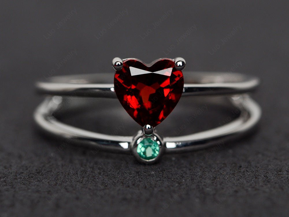 Heart Shaped Garnet Split Shank Ring Silver - LUO Jewelry