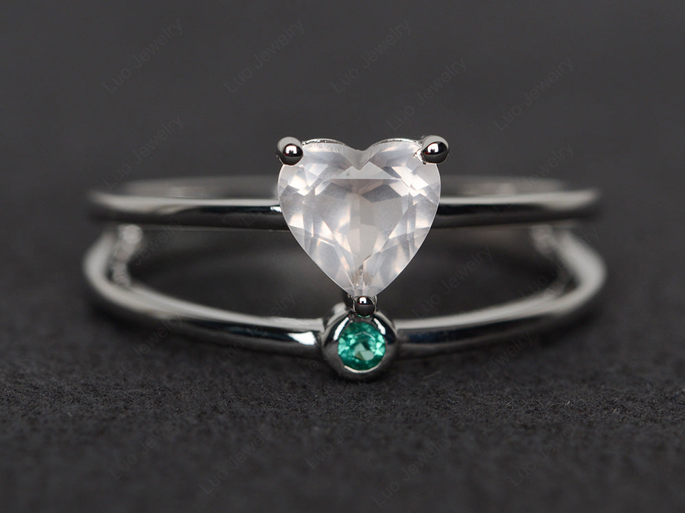 Heart Shaped Rose Quartz Split Shank Ring Silver - LUO Jewelry
