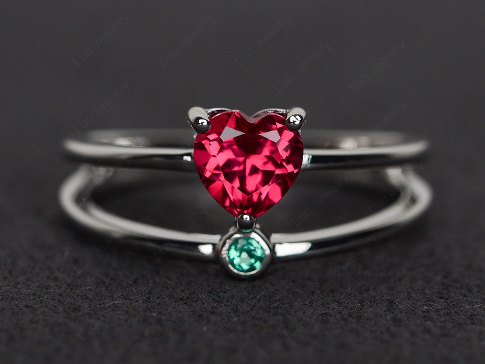 Heart Shaped Ruby Split Shank Ring Silver - LUO Jewelry