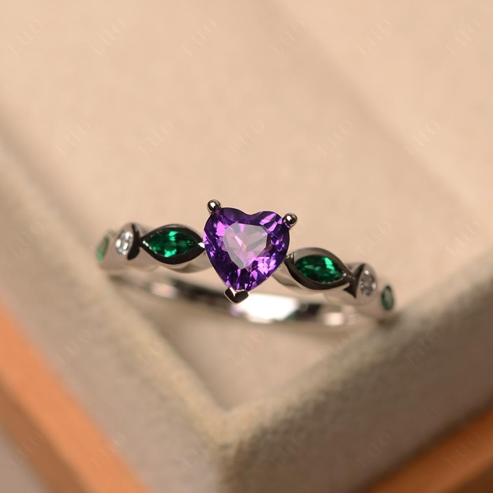 Heart Shaped Amethyst and Emerald Engagement Ring - LUO Jewelry