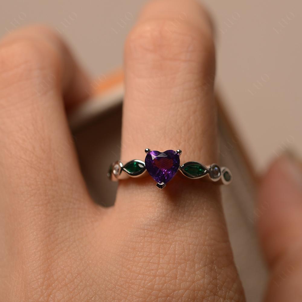 Heart Shaped Amethyst and Emerald Engagement Ring - LUO Jewelry