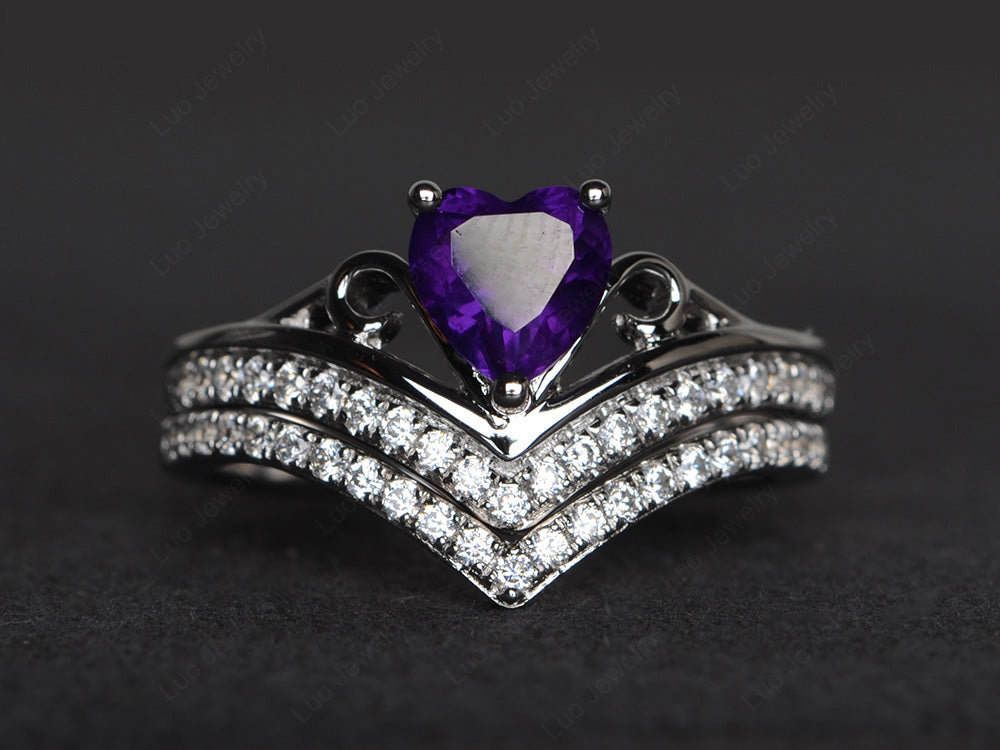 Heart Shaped Amethyst Bridal Set Ring Rose Gold - LUO Jewelry