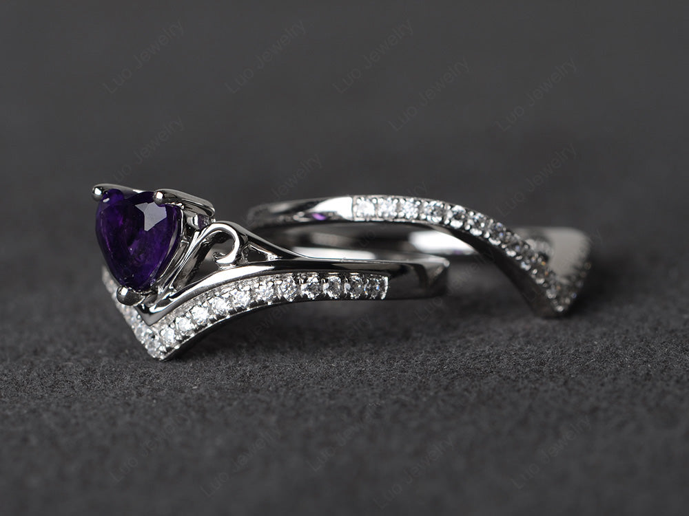Heart Shaped Amethyst Bridal Set Ring Rose Gold - LUO Jewelry