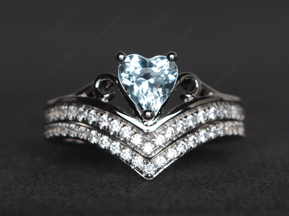 Heart Shaped Aquamarine Bridal Set Ring Rose Gold - LUO Jewelry