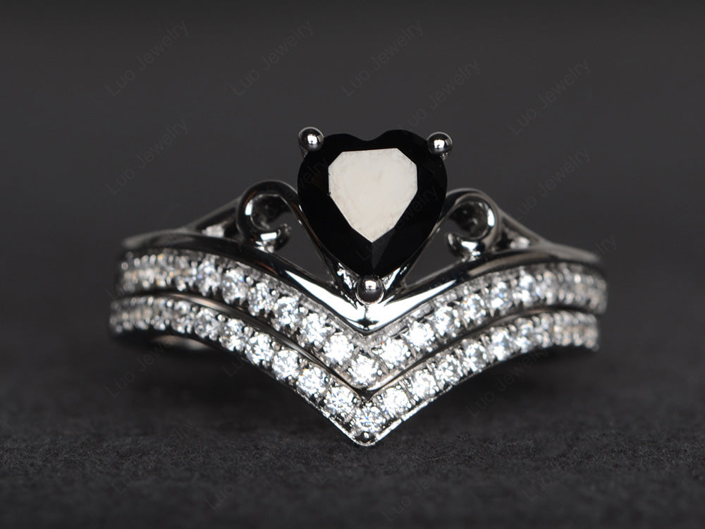 Heart Shaped Black Stone Bridal Set Ring Rose Gold - LUO Jewelry
