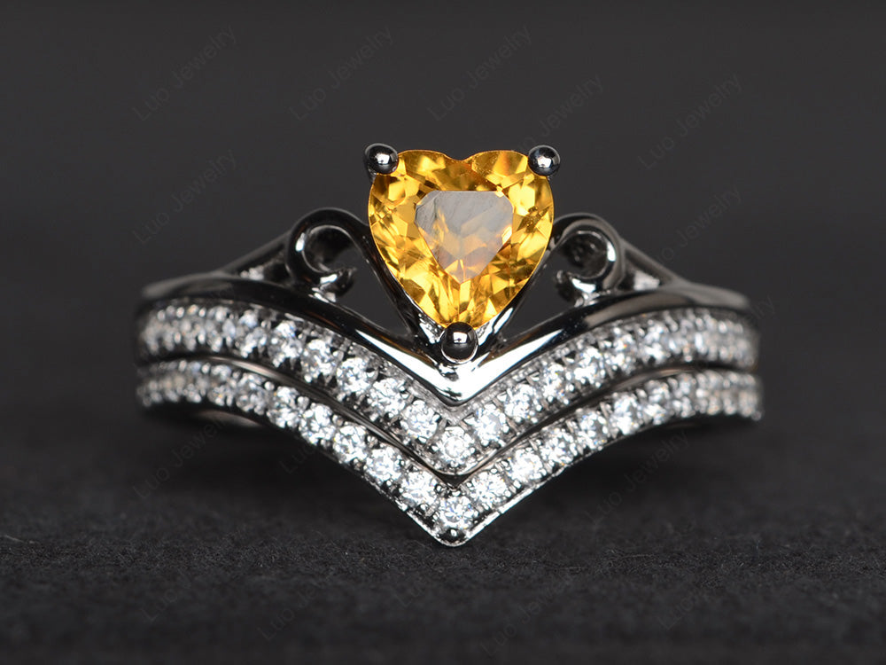 Heart Shaped Citrine Bridal Set Ring Rose Gold - LUO Jewelry