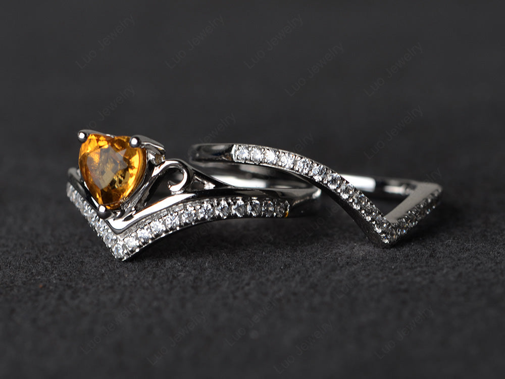 Heart Shaped Citrine Bridal Set Ring Rose Gold - LUO Jewelry