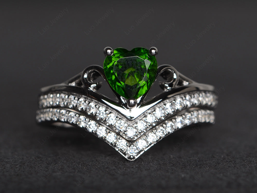 Heart Shaped Diopside Bridal Set Ring Rose Gold - LUO Jewelry