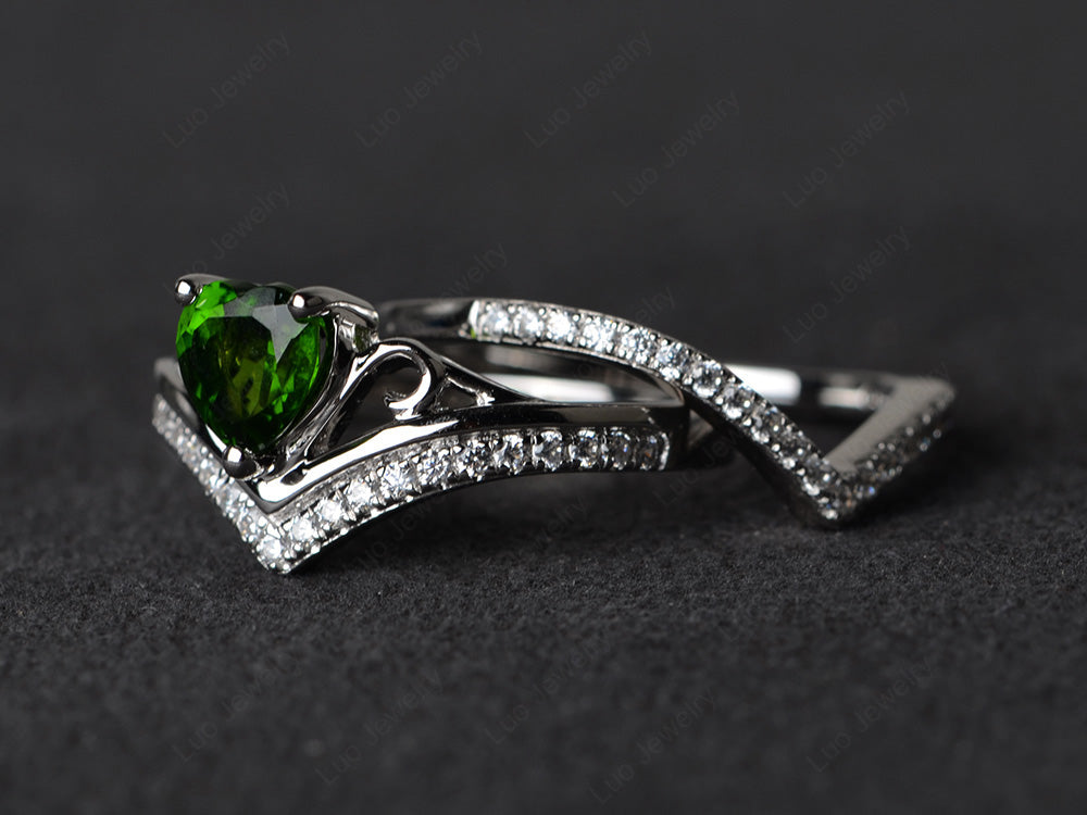 Heart Shaped Diopside Bridal Set Ring Rose Gold - LUO Jewelry