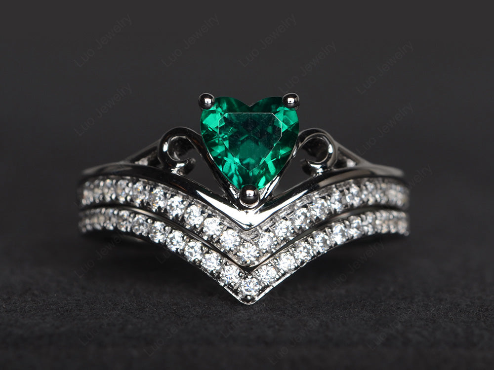 Heart Shaped Lab Emerald Bridal Set Ring Rose Gold - LUO Jewelry