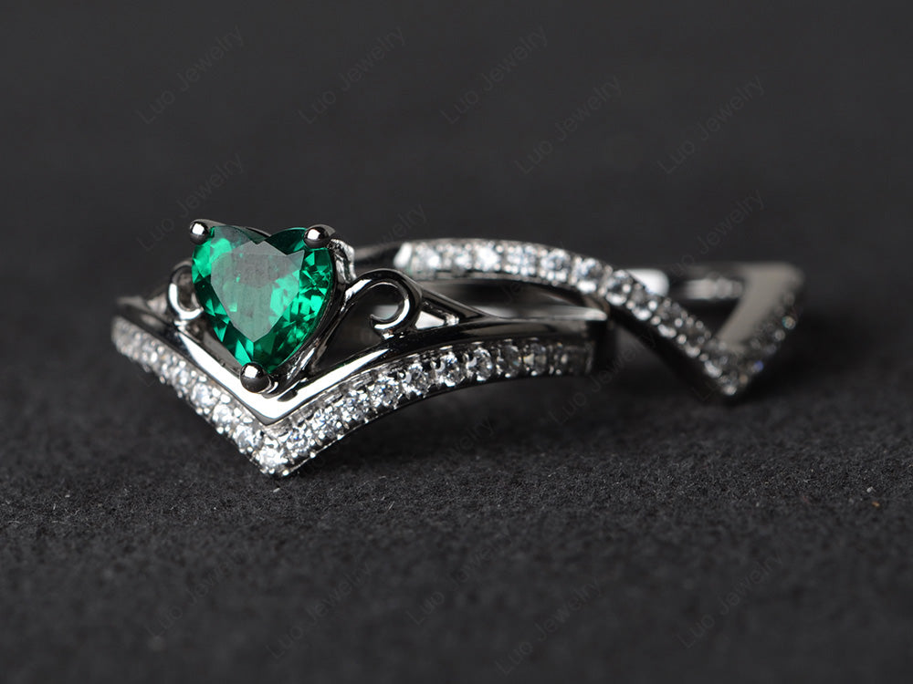 Heart Shaped Lab Emerald Bridal Set Ring Rose Gold - LUO Jewelry
