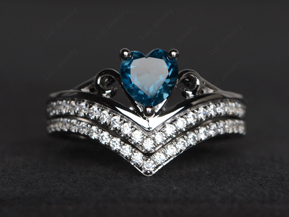 Heart Shaped London Blue Topaz Bridal Set Ring Rose Gold - LUO Jewelry