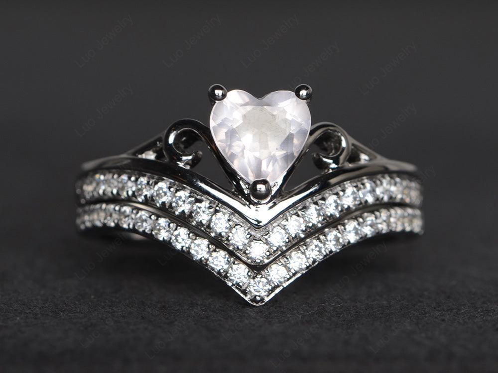 Heart Shaped Rose Quartz Bridal Set Ring Rose Gold - LUO Jewelry