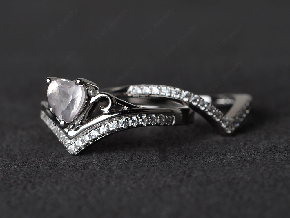 Heart Shaped Rose Quartz Bridal Set Ring Rose Gold - LUO Jewelry