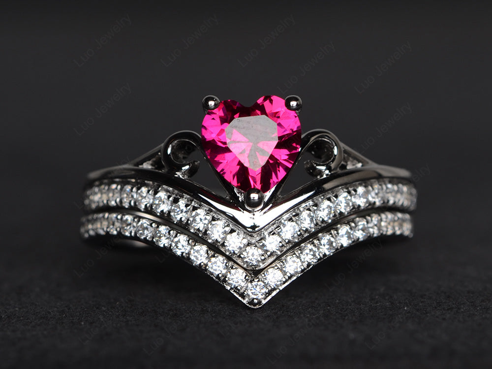 Heart Shaped Ruby Bridal Set Ring Rose Gold - LUO Jewelry