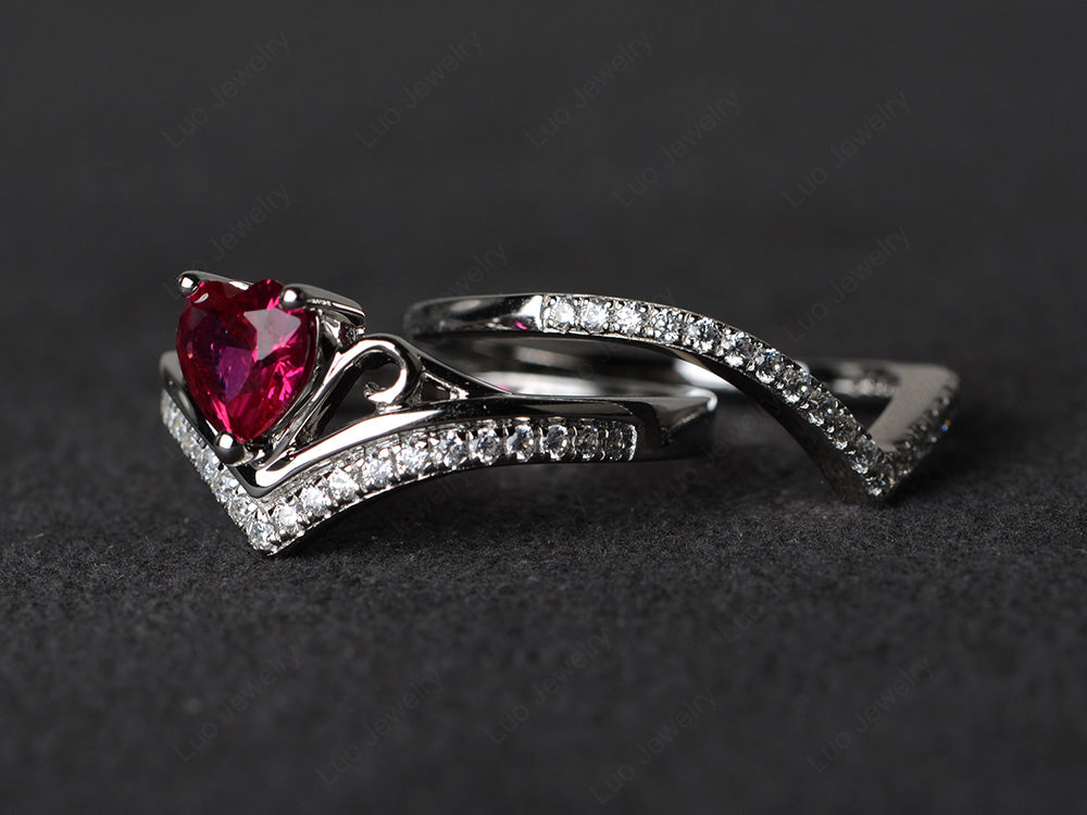 Heart Shaped Ruby Bridal Set Ring Rose Gold - LUO Jewelry