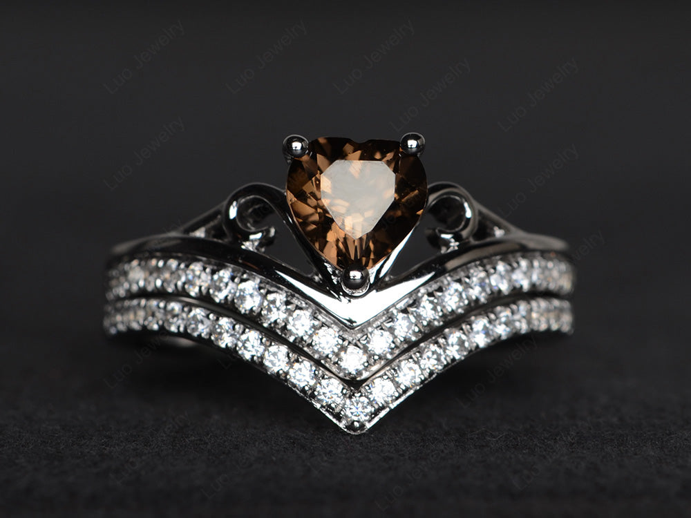 Heart Shaped Smoky Quartz  Bridal Set Ring Rose Gold - LUO Jewelry