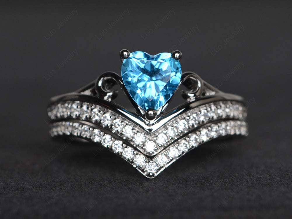 Heart Shaped Swiss Blue Topaz Bridal Set Ring Rose Gold - LUO Jewelry