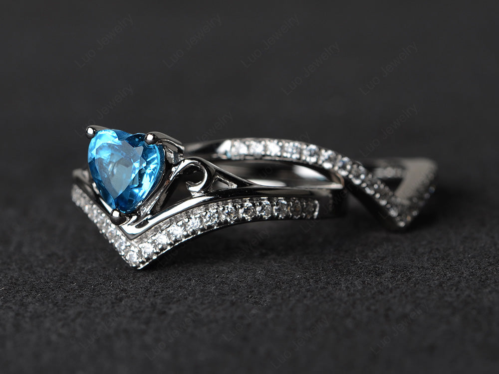 Heart Shaped Swiss Blue Topaz Bridal Set Ring Rose Gold - LUO Jewelry