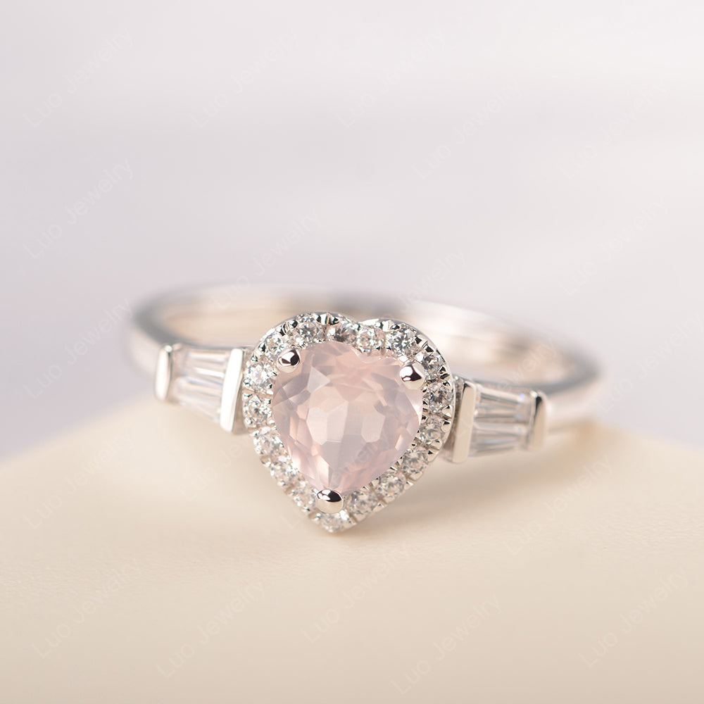 Hear Cut Rose Quartz Halo Wedding Ring Rose Gold - LUO Jewelry