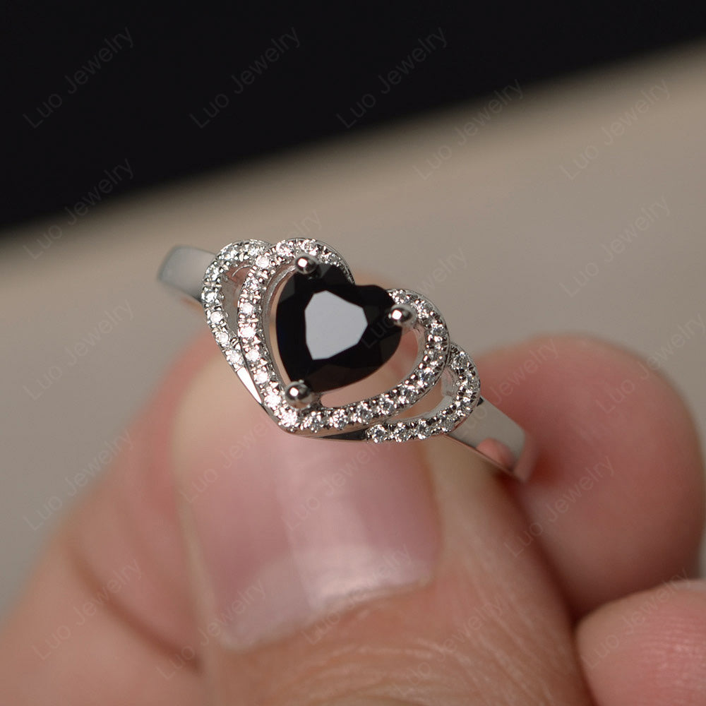 Heart Shaped Black Stone Ring White Gold - LUO Jewelry
