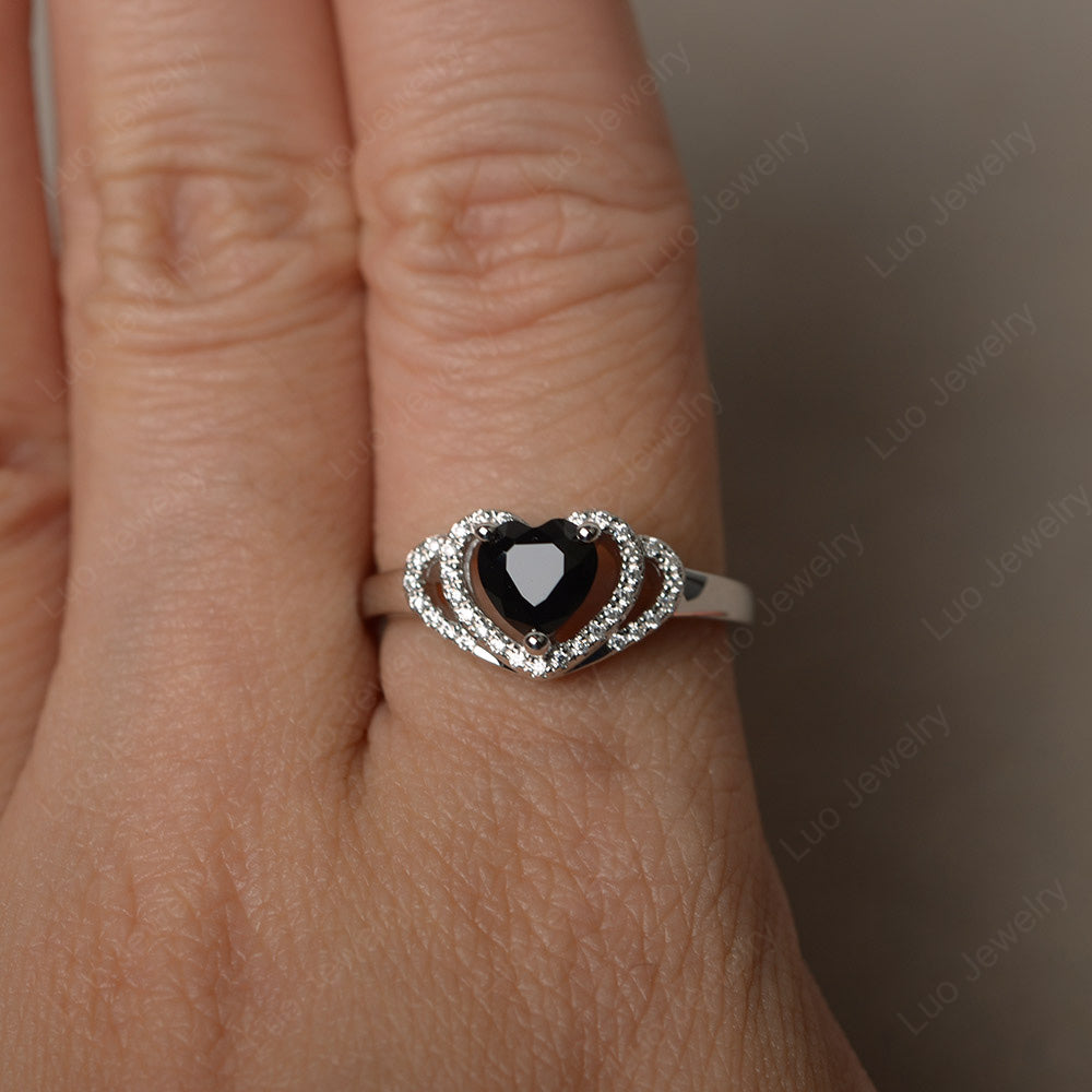 Heart Shaped Black Stone Ring White Gold - LUO Jewelry
