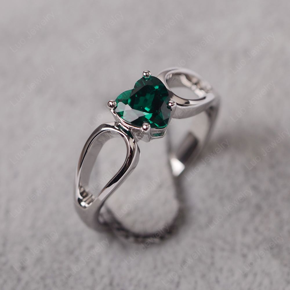 Heart Lab Emerald Ring Split Shank Silver - LUO Jewelry