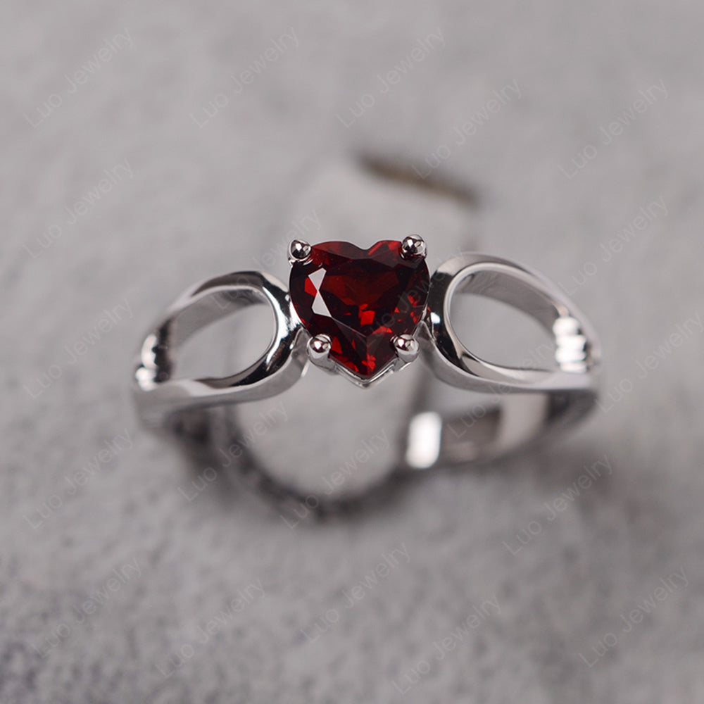 Heart Garnet Ring Split Shank Silver - LUO Jewelry