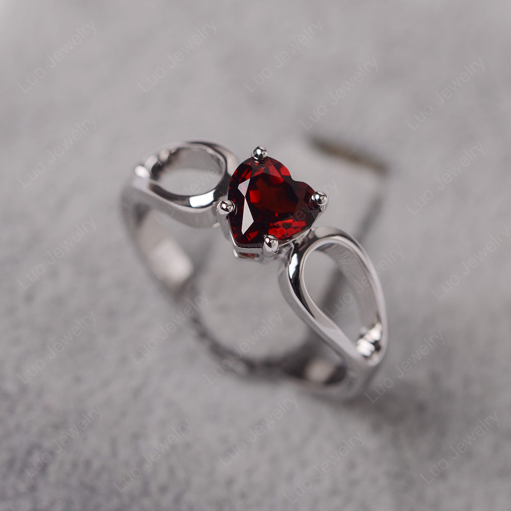 Heart Garnet Ring Split Shank Silver - LUO Jewelry