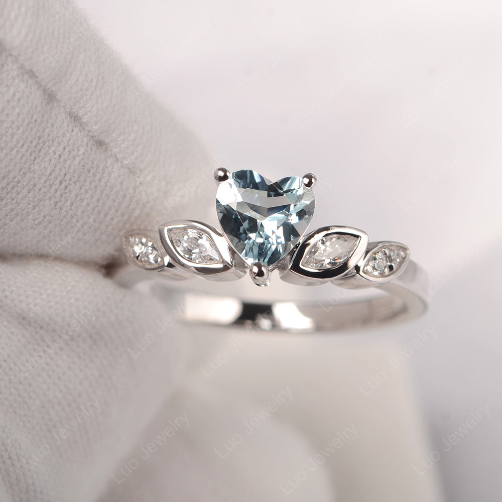 Vintage Heart Aquamarine Ring White Gold - LUO Jewelry