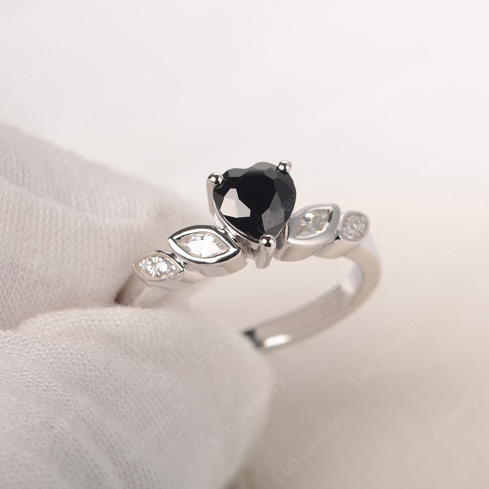 Vintage Heart Black Stone Ring White Gold - LUO Jewelry