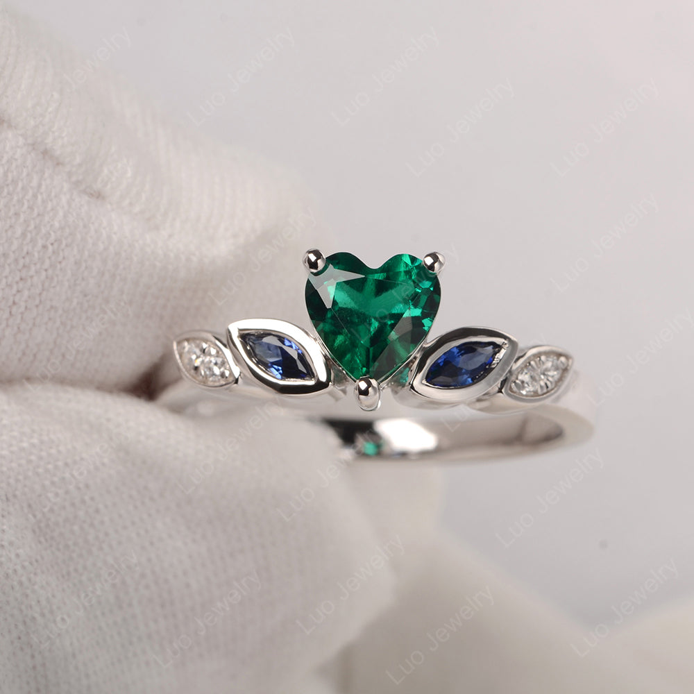 Vintage Heart Lab Emerald Ring White Gold - LUO Jewelry