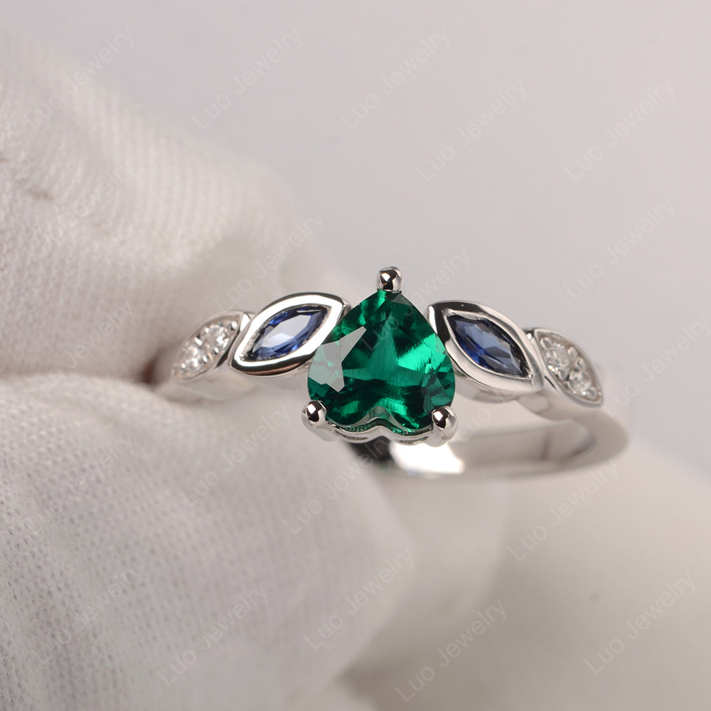 Vintage Heart Lab Emerald Ring White Gold - LUO Jewelry