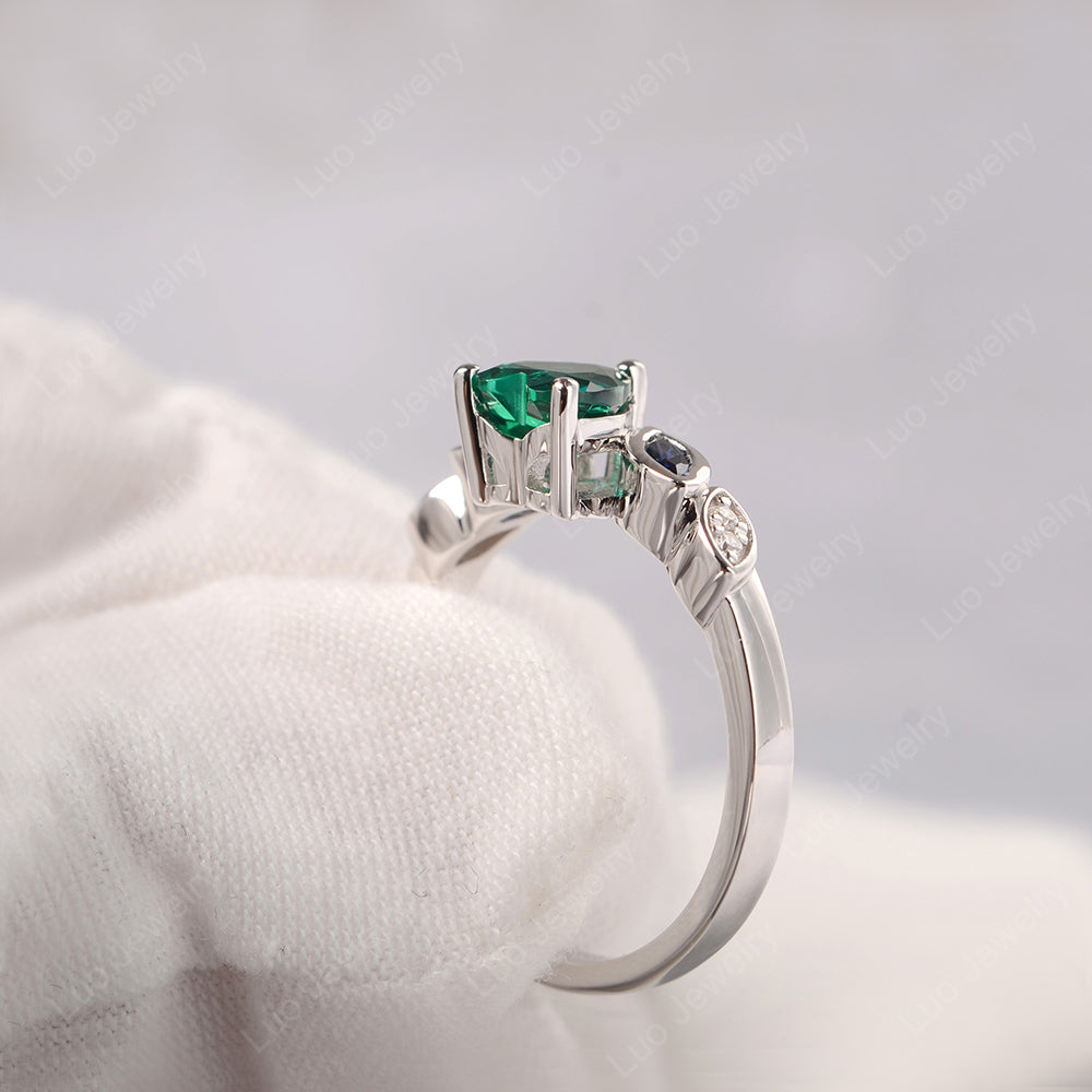 Vintage Heart Lab Emerald Ring White Gold - LUO Jewelry