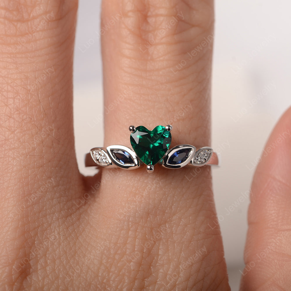 Vintage Heart Lab Emerald Ring White Gold - LUO Jewelry