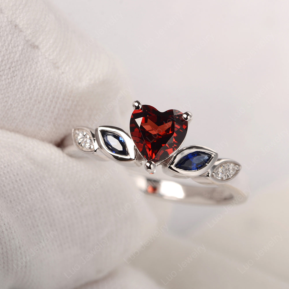 Vintage Heart Garnet Ring White Gold - LUO Jewelry