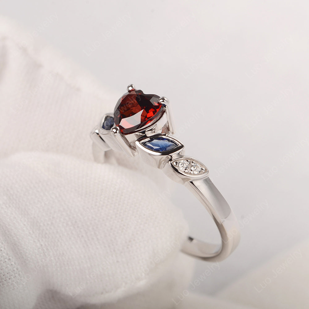 Vintage Heart Garnet Ring White Gold - LUO Jewelry