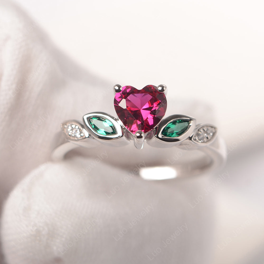 Dainty Heart Shaped Ruby and Emerald Ring - LUO Jewelry