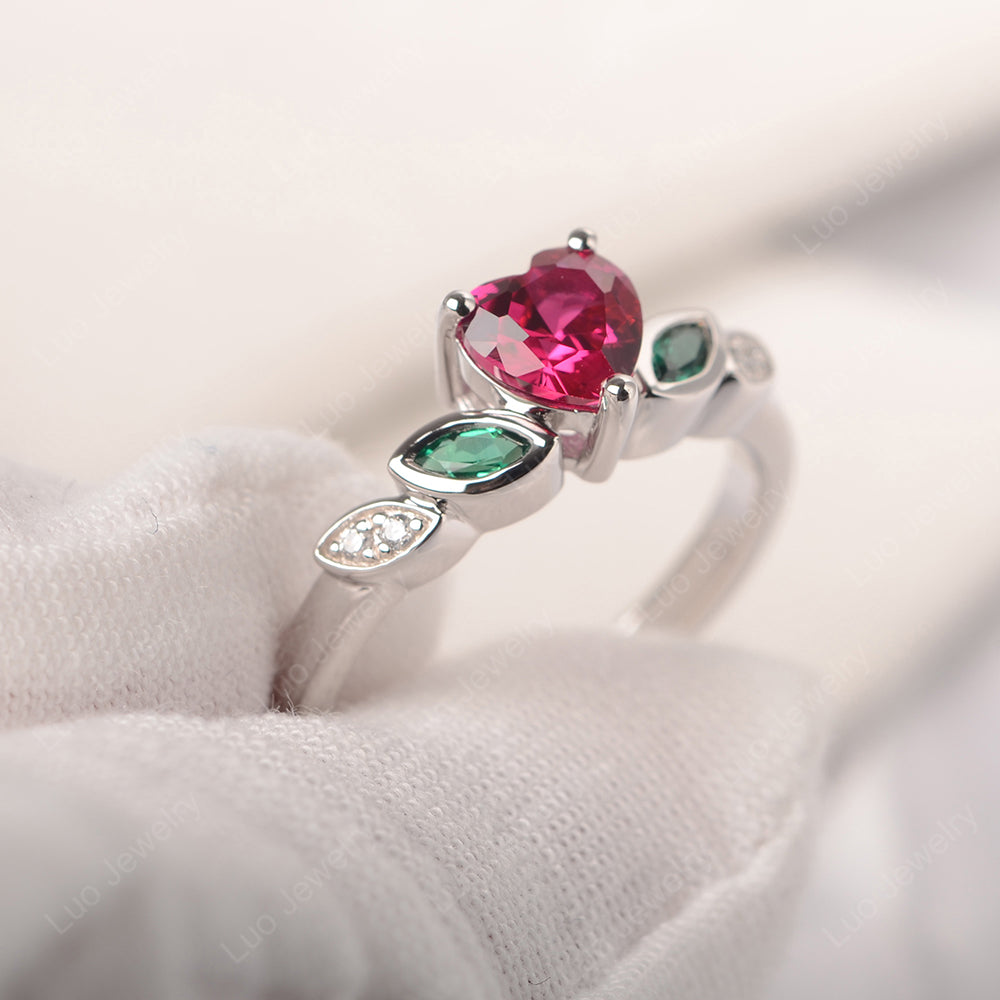 Dainty Heart Shaped Ruby and Emerald Ring - LUO Jewelry