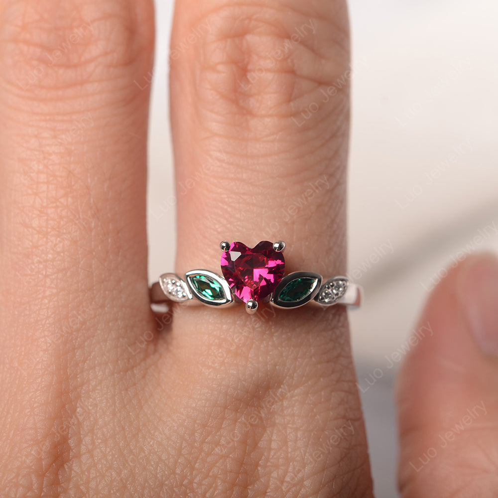 Dainty Heart Shaped Ruby and Emerald Ring - LUO Jewelry