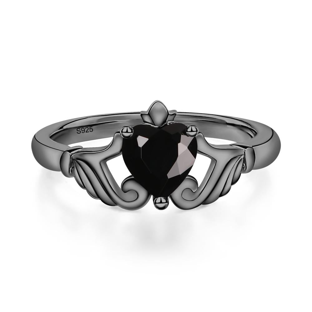Heart Shaped Black Spinel Claddagh Ring - LUO Jewelry #metal_black finish sterling silver