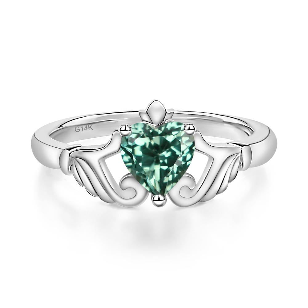 Heart Shaped Lab Green Sapphire Claddagh Ring - LUO Jewelry #metal_14k white gold