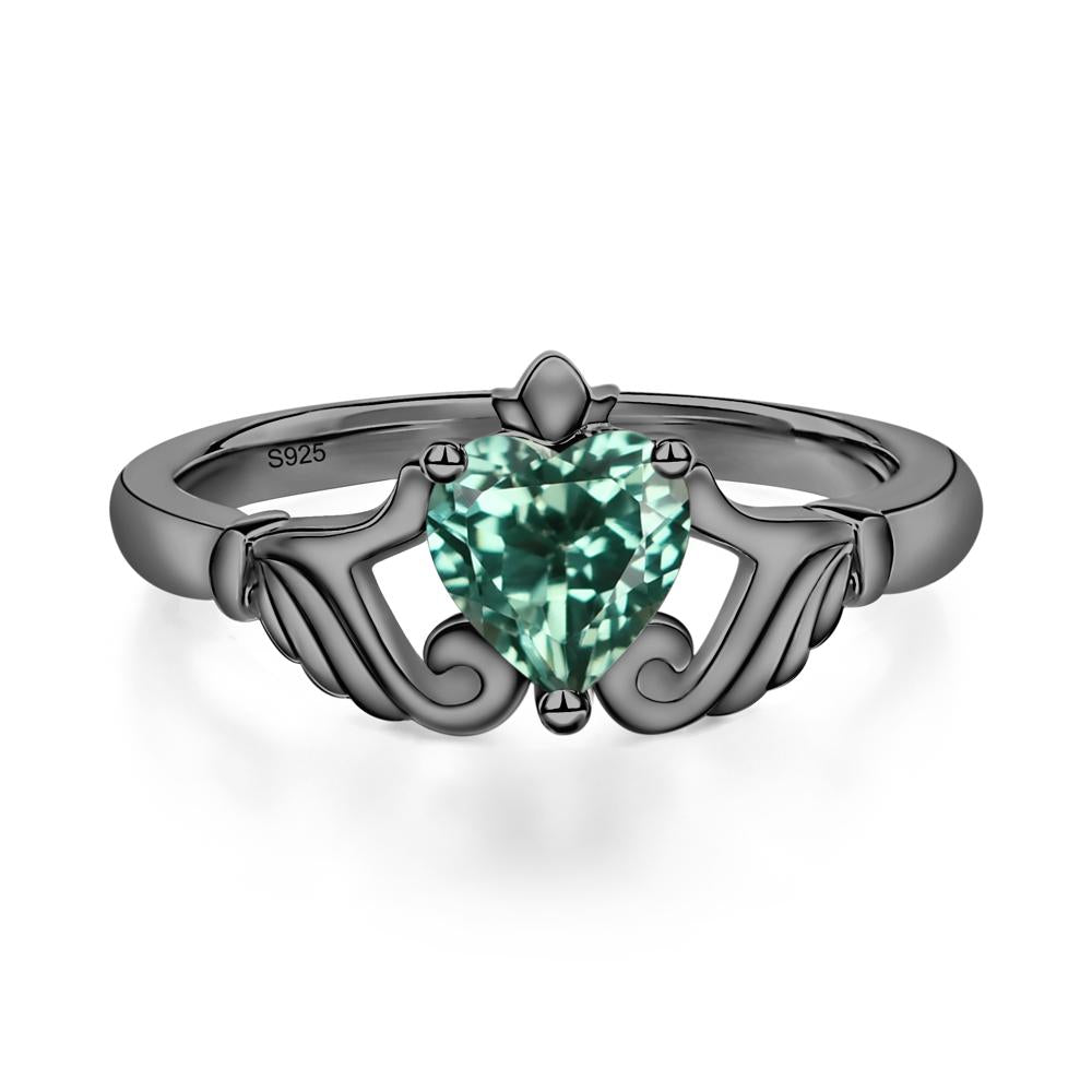 Heart Shaped Lab Green Sapphire Claddagh Ring - LUO Jewelry #metal_black finish sterling silver