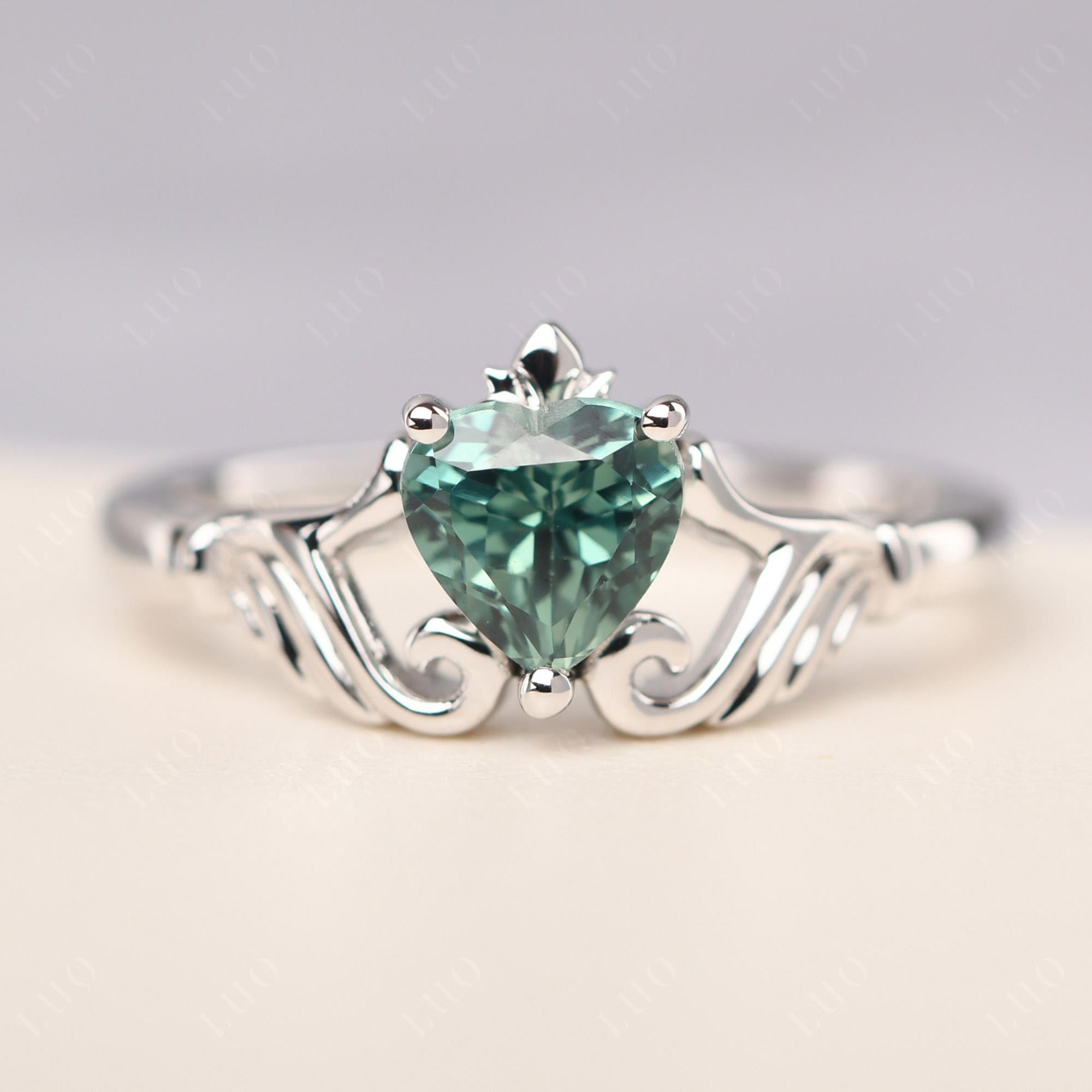 Heart Shaped Lab Green Sapphire Claddagh Ring - LUO Jewelry
