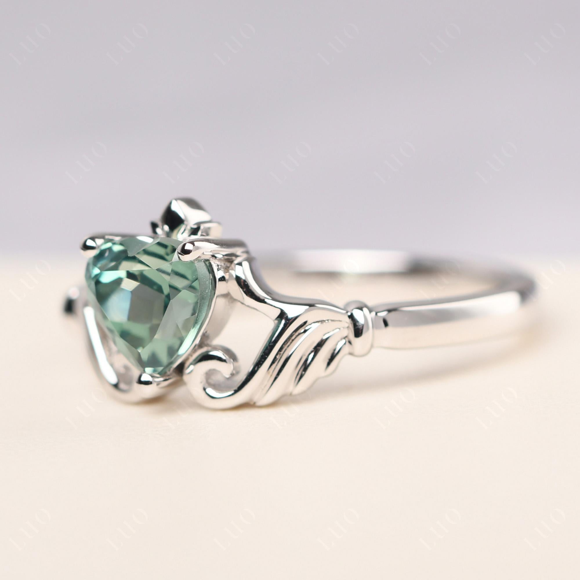 Heart Shaped Lab Green Sapphire Claddagh Ring - LUO Jewelry