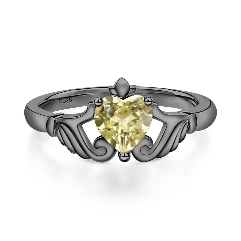Heart Shaped Lemon Quartz Claddagh Ring - LUO Jewelry #metal_black finish sterling silver